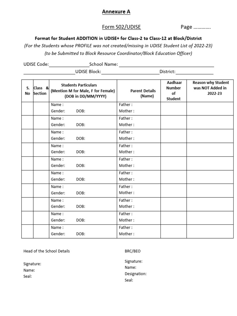 Form - S02 - UDISE (For Addition of Students in Classes 2 To 12) | PDF ...