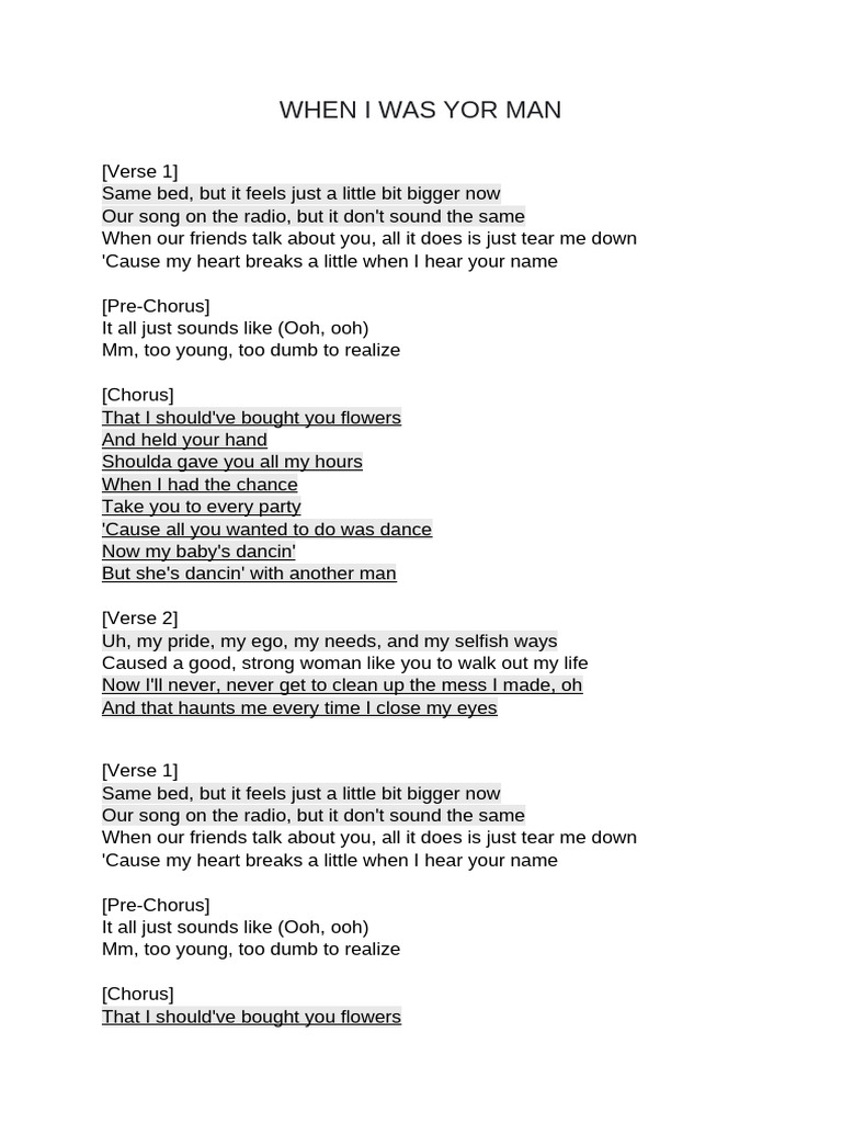 When I Was Your Man Lyrics Analysis | PDF | Song Structure | Musical Forms