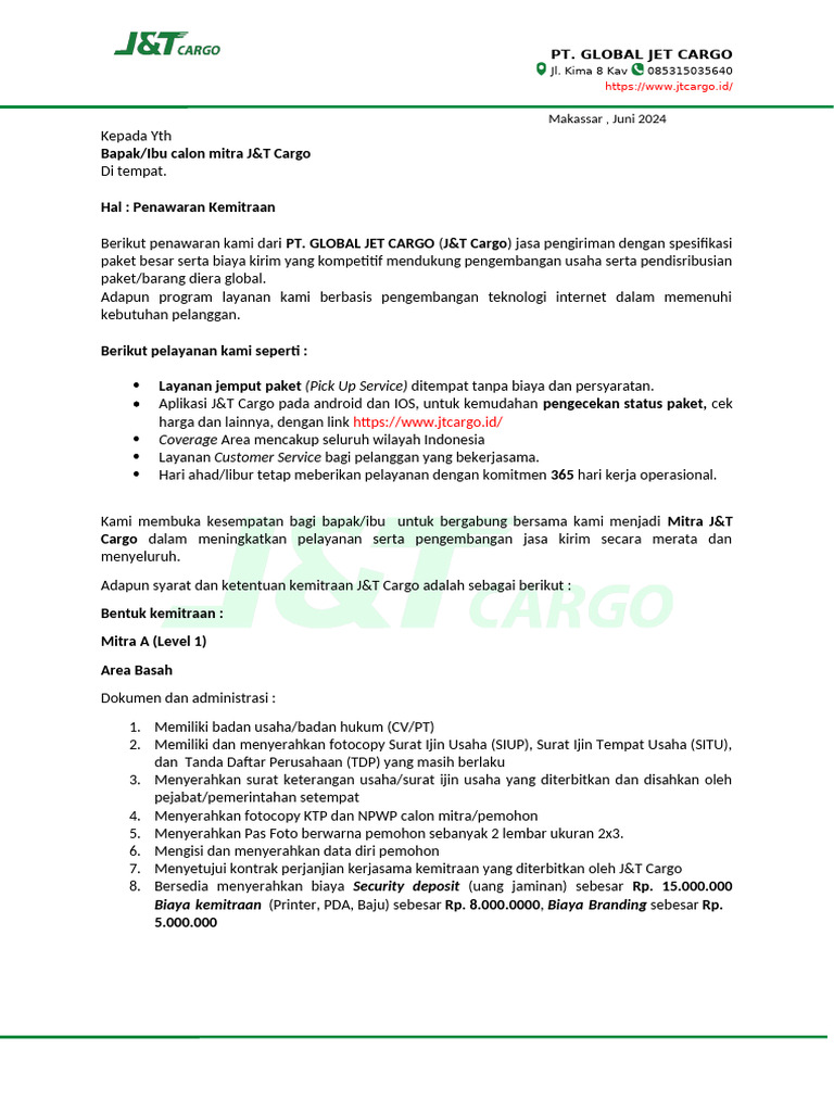 Penawaran Kemitraan J&T Cargo | PDF