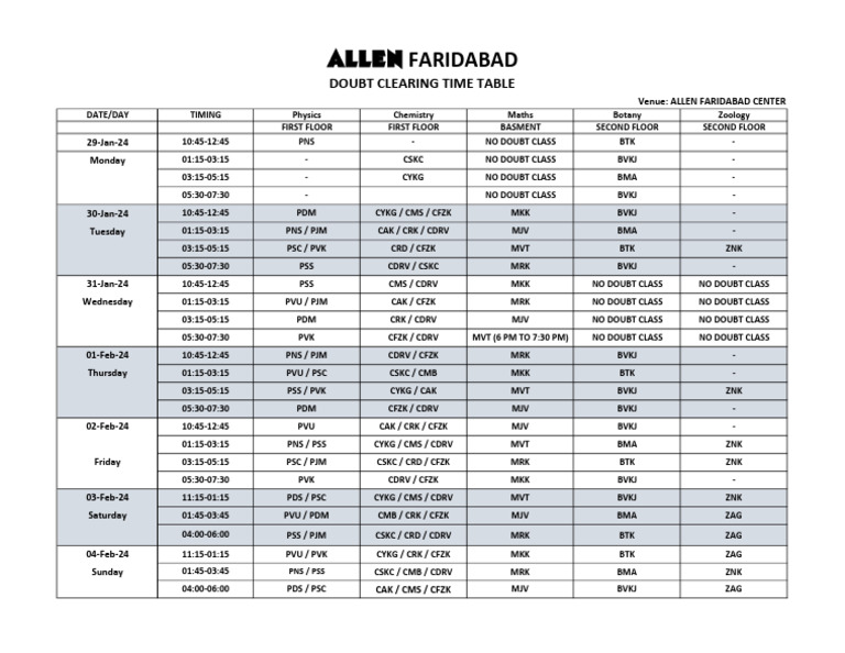 Doubt Clearing Time Table 29 Jan - 04 Feb 2024 | PDF