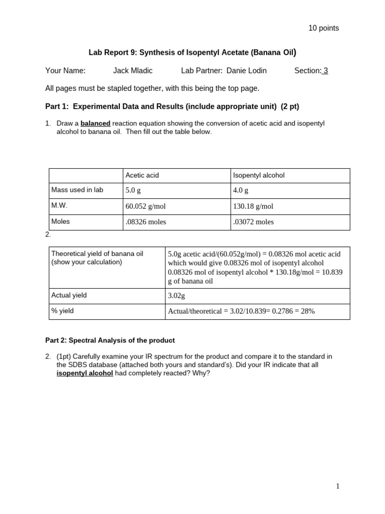 Synthesis of Banana Oil Lab Report | PDF | Acid | Mole (Unit)