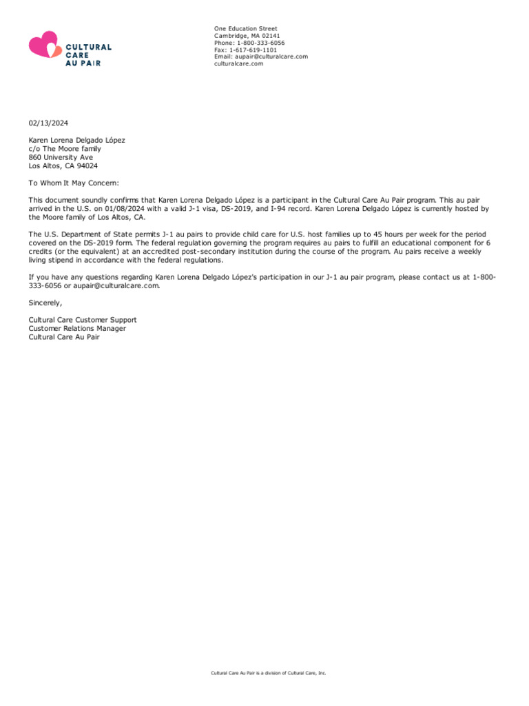 Au Pair Participation Confirmation | PDF