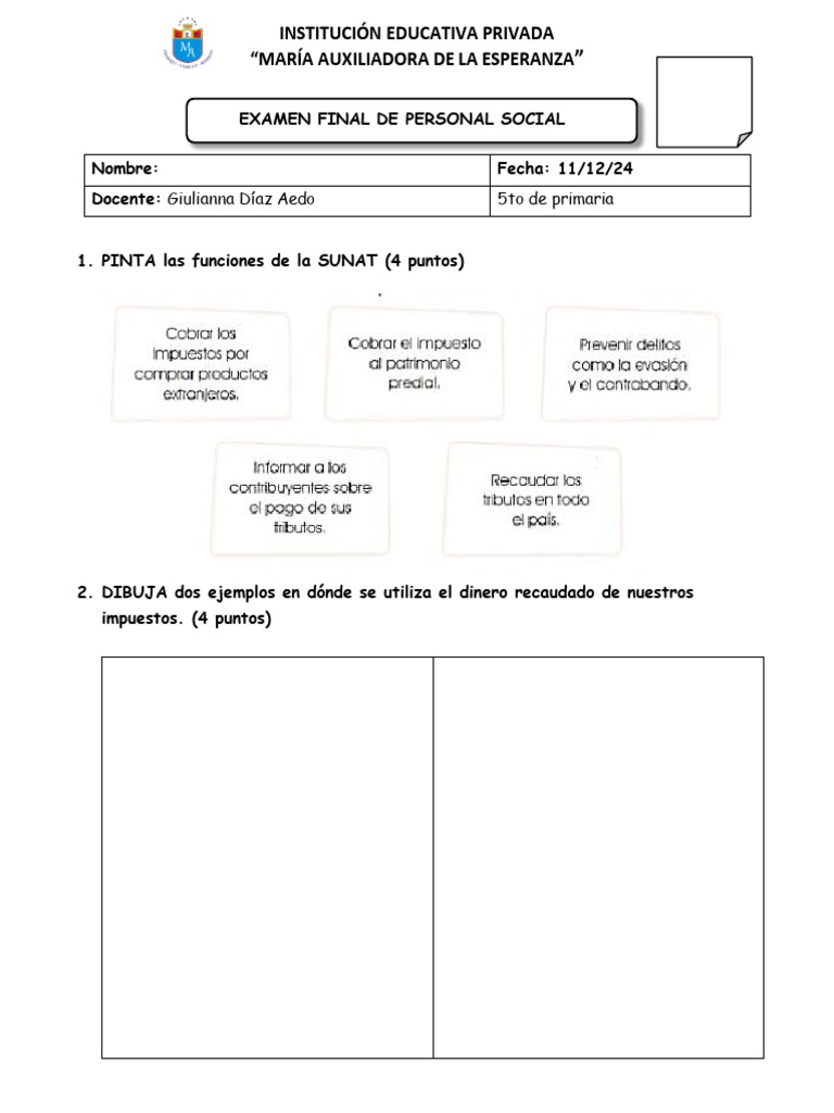 Examen Final de Personal Social 5to Primaria | PDF