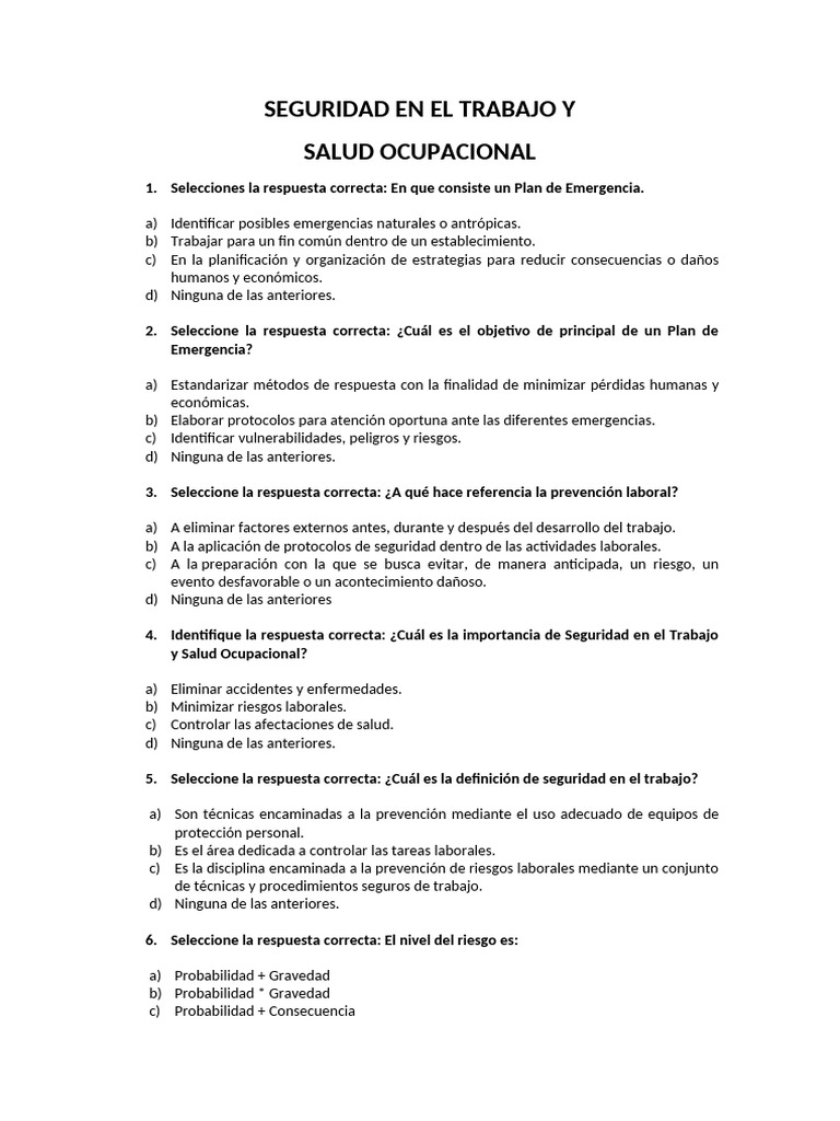 Seguridad en El Trabajo y Salud Ocupacional - Cuestionario | PDF ...