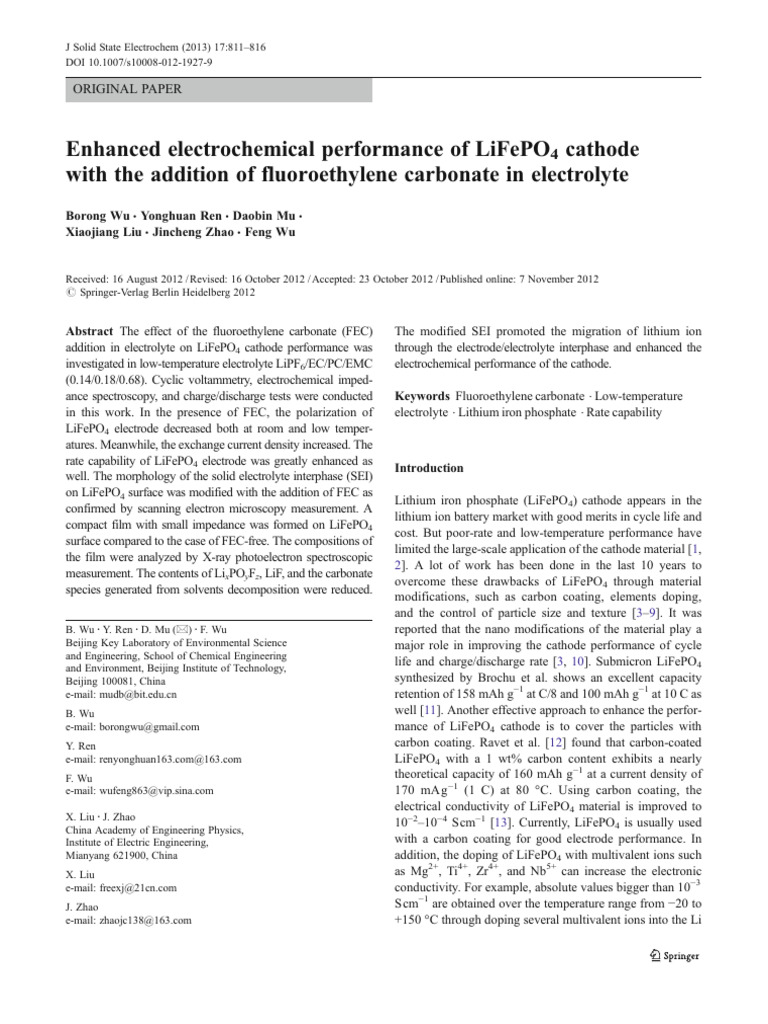 Enhanced Electrochemical Performance of LiFePO4 Cathode | PDF | Lithium ...