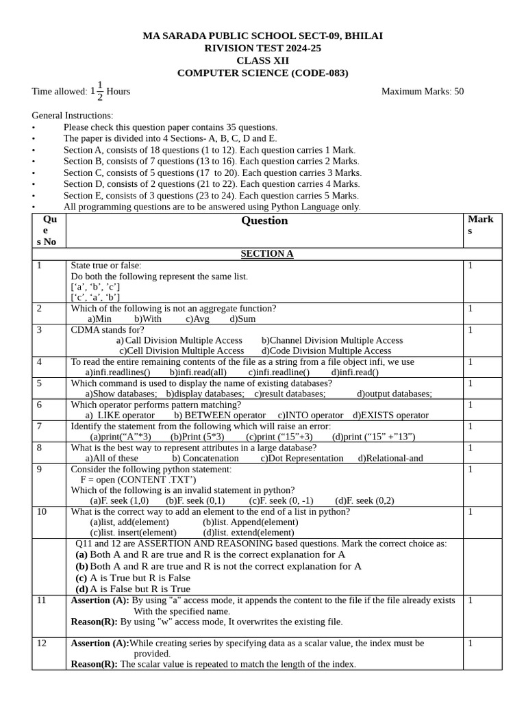 Class XII Computer Science Revision Test 2024 | PDF | Database Index | Sql