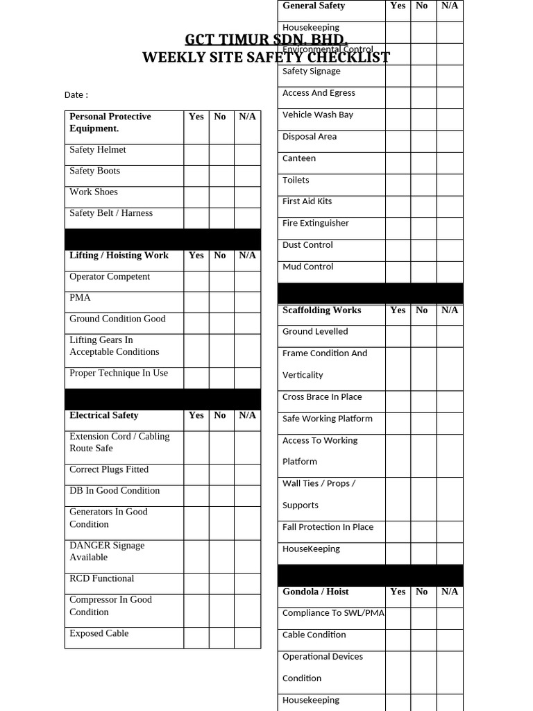 Weekly Site Inspection Checklist GCT | PDF | Safety | Manufactured Goods