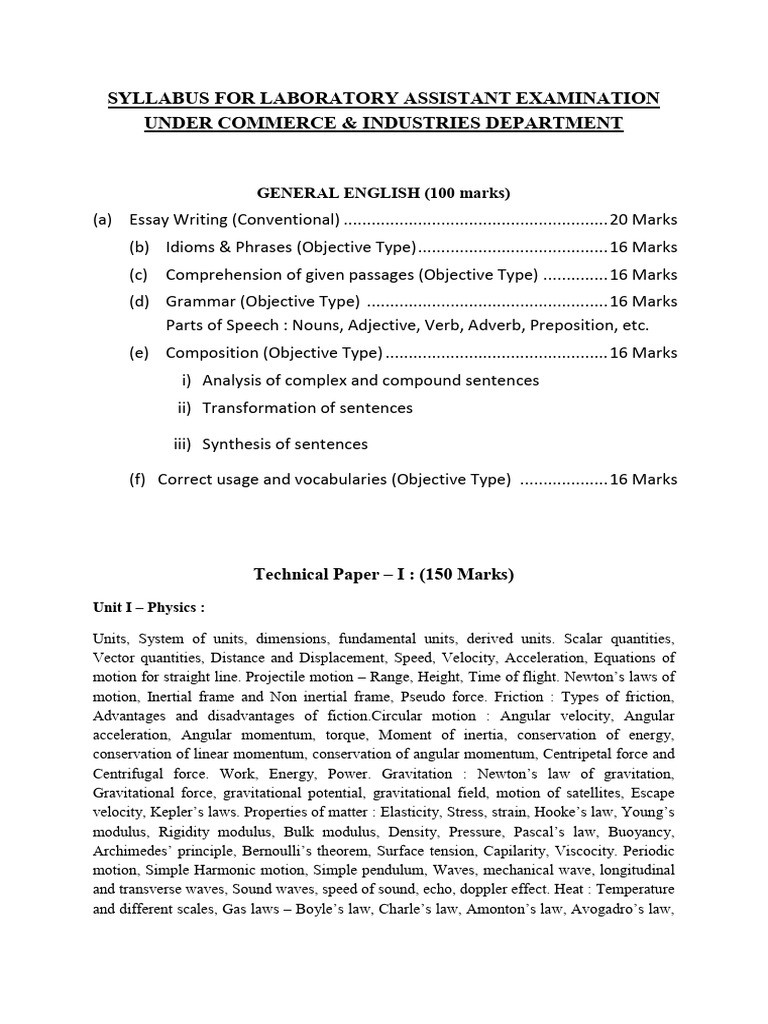 Laboratory Technician Syllabus Overview | PDF | Velocity | Chemistry