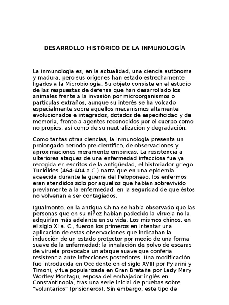Historia Resumida de La Inmunologia PDF Anticuerpo Sistema inmune