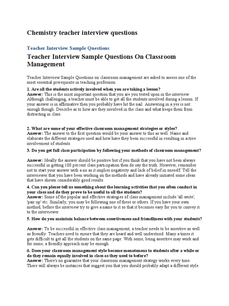 Chemistry Teacher Interview Questions Classroom Management Lesson Plan