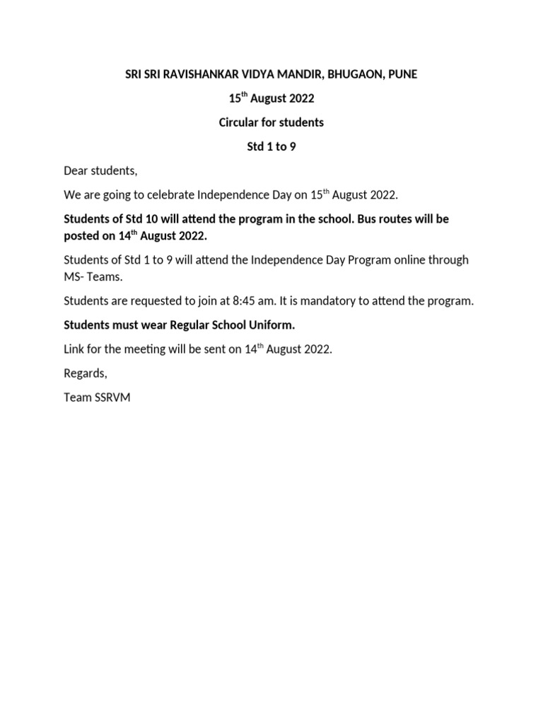 SSRVM Pune Independence Day Program 2022 | PDF
