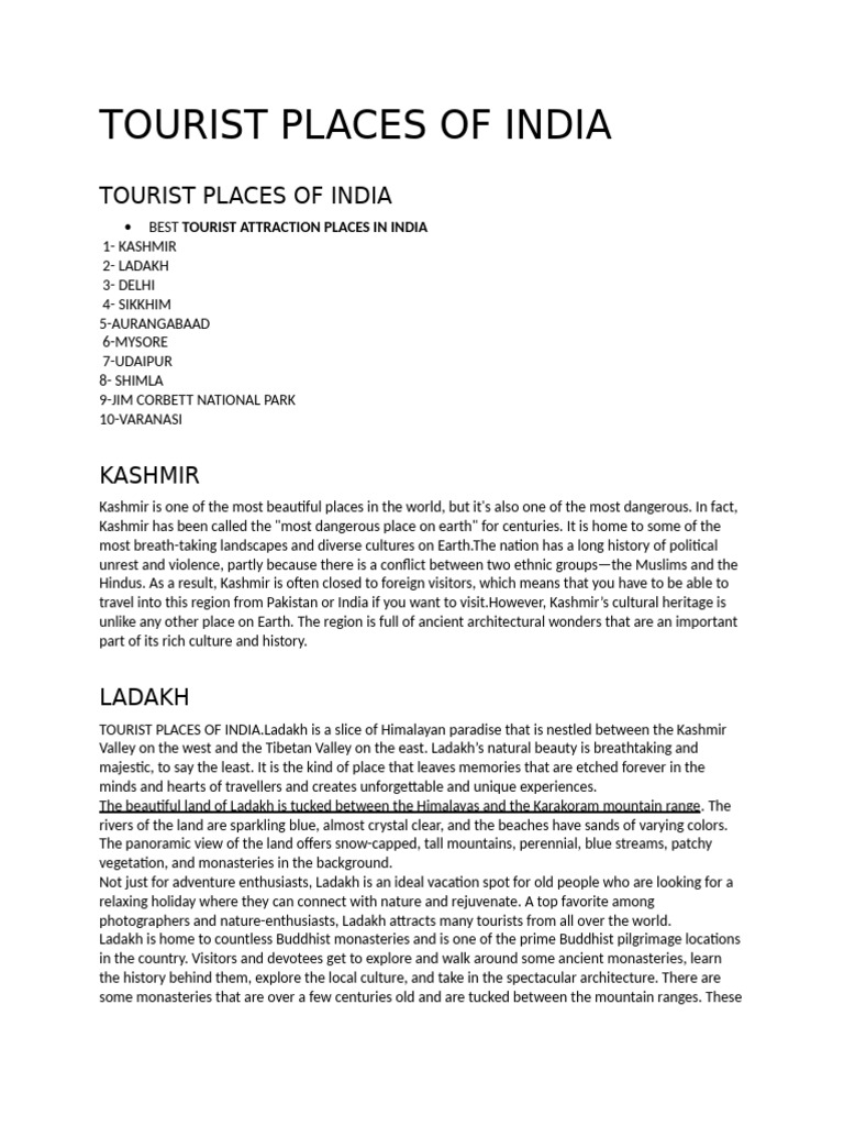 India S Top Tourist Destinations Pdf Kashmir