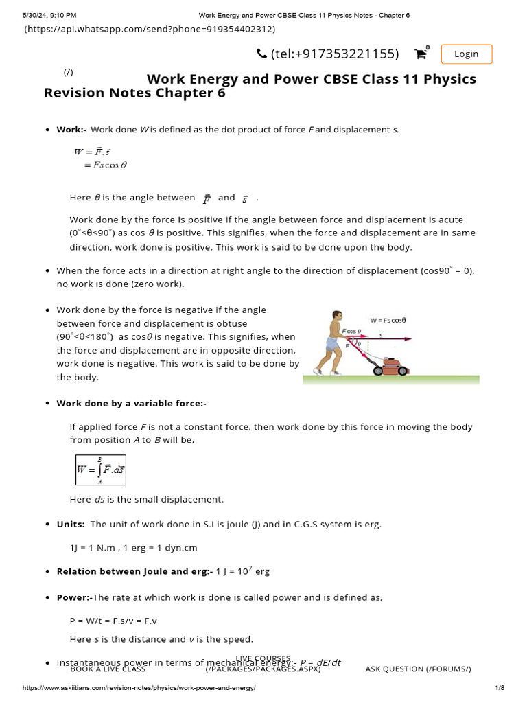Class 11 Physics: Work, Energy, Power Notes | PDF | Force | Collision