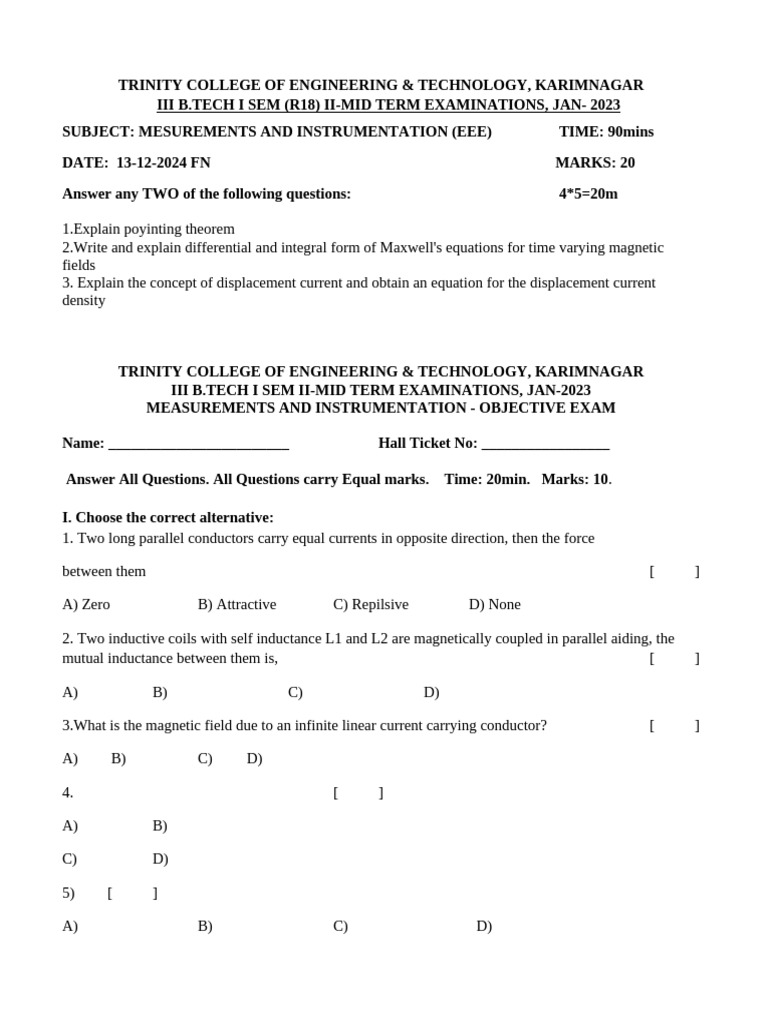 Emf Mid-2 24-25 | PDF | Inductance | Physical Quantities