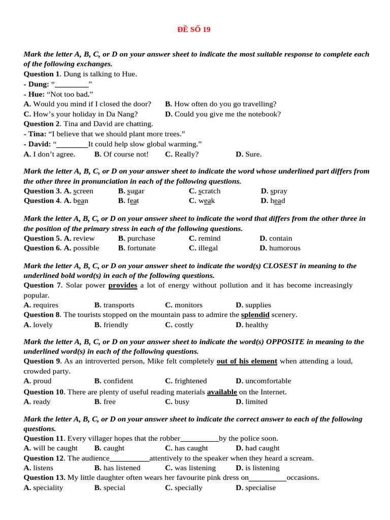 English Language Practice Test 19 | PDF | Adolescence