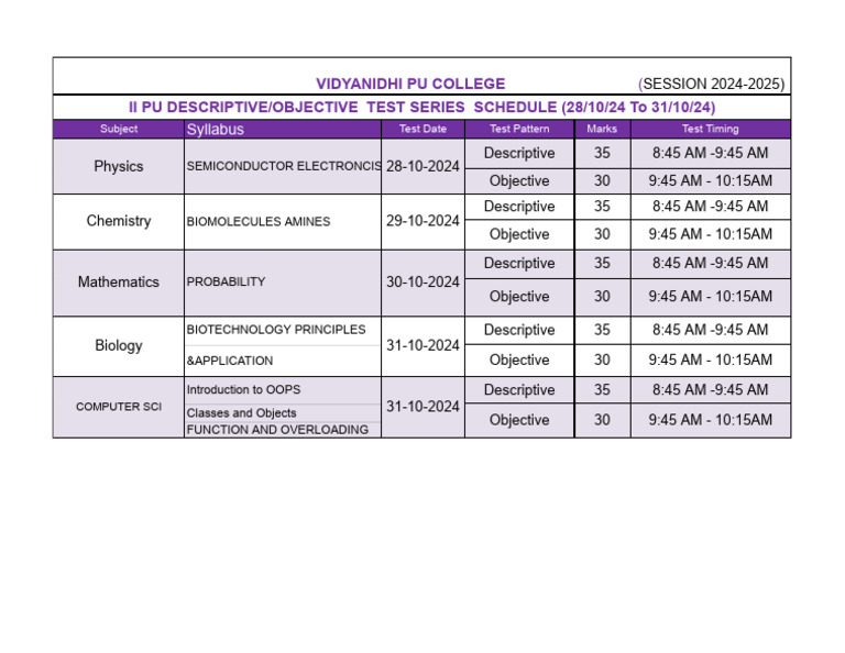 II PU Test Series Schedule 2024 | PDF