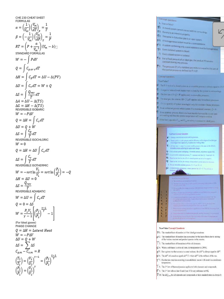 CHE 230 Thermodynamics Formulas Guide | PDF