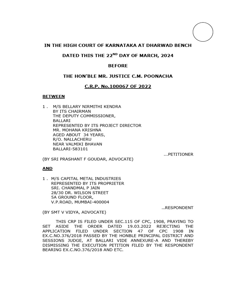 Bellary Nirmithi Kendra Vs Capital Metal Industries | PDF | Arbitration ...