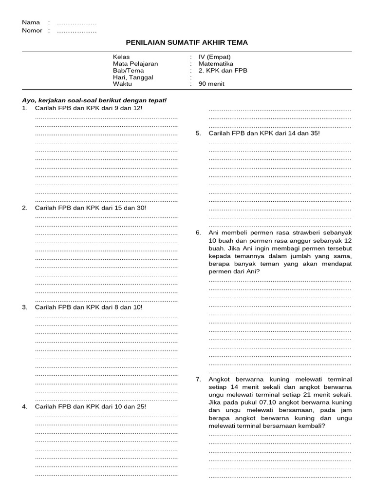 Sumatif Matematika Kelas 4 - Bab 2 (KPK & FPB) | PDF
