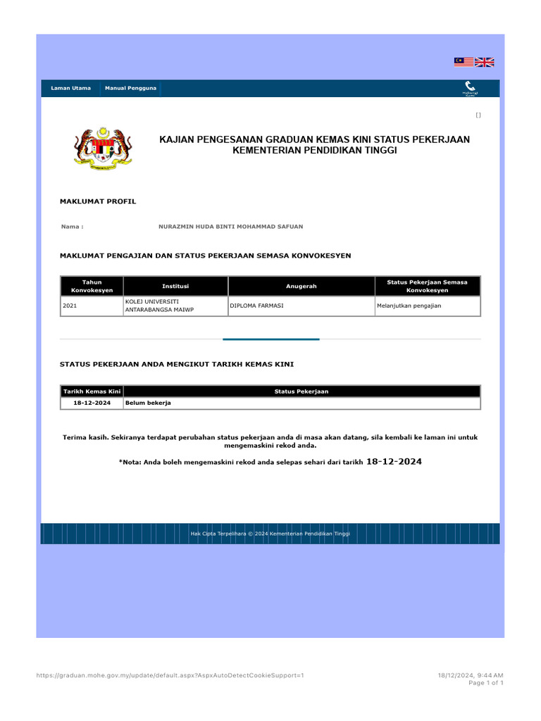 Kajian Pengesanan Graduan - Kemas Kini Status, Kementerian Pengajian ...
