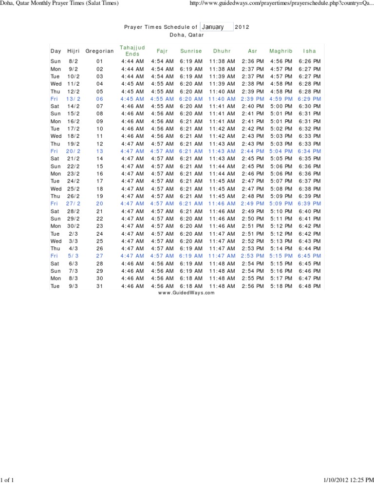 Doha, Qatar Monthly Prayer Times (Salat Times) PDF