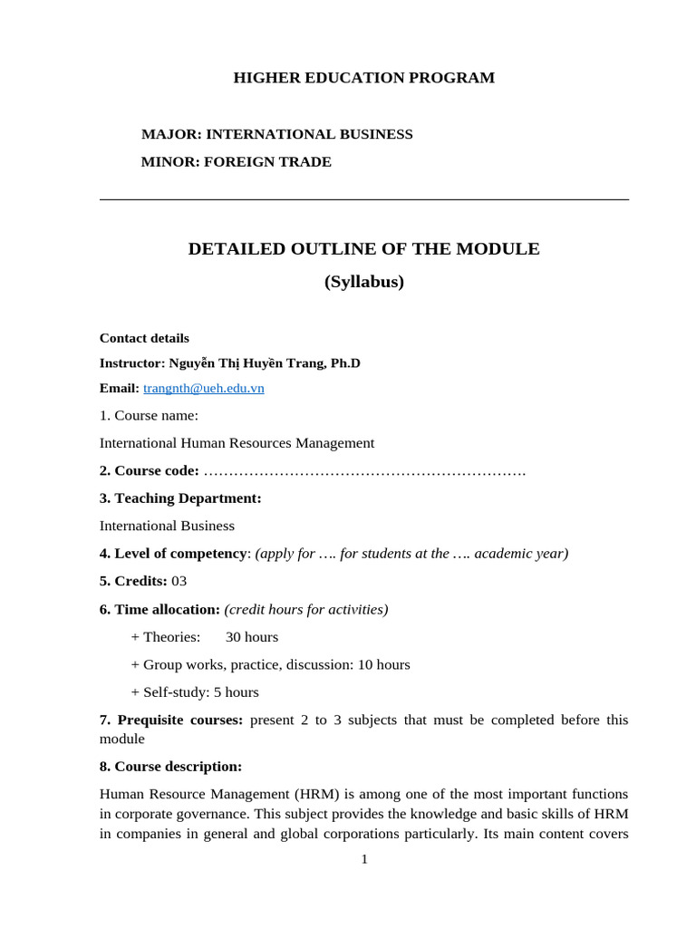 International HR Management Course Syllabus | PDF | Human Resource ...