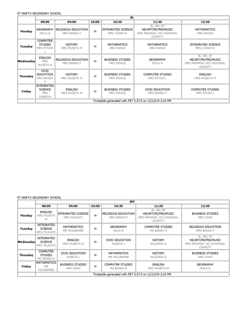 St Mary's Secondary School Timetable | PDF | Science | Physical Sciences
