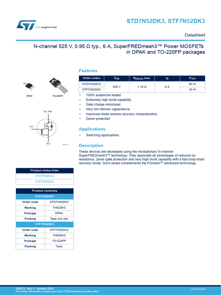 STD7N52DK3-ST Microelectronics | PDF
