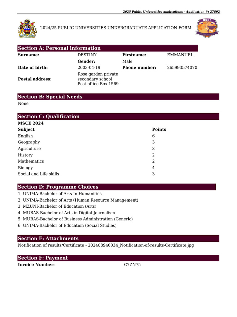 2024/25 Public University Application Form | PDF
