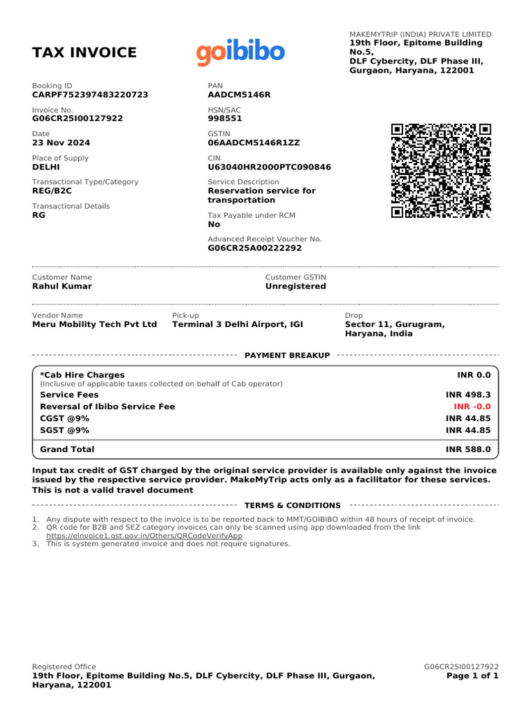 MakeMyTrip Tax Invoice for Transportation | PDF | Invoice | Government ...