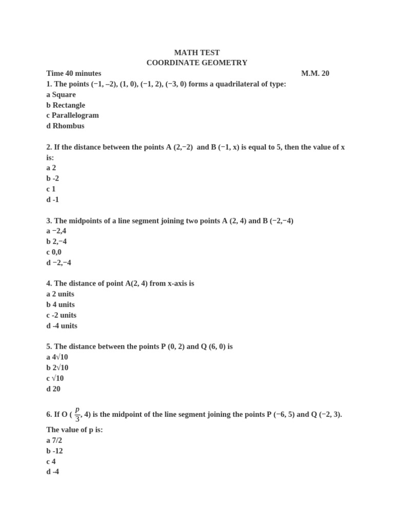 Coordinate Geometry MCQs for Test | PDF | Elementary Geometry ...