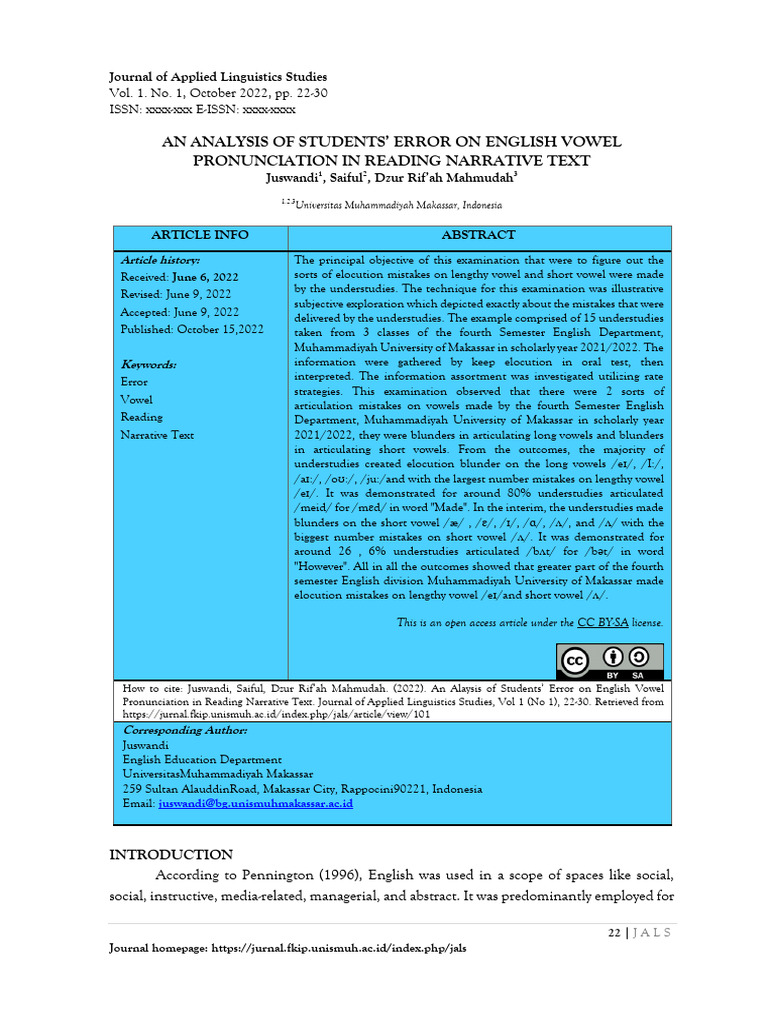 Students' Errors in English Vowel Pronunciation | PDF | English ...