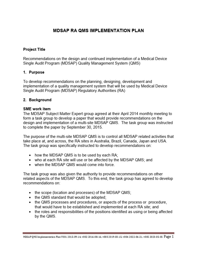 MDSAP QMS Implementation Plan Version 005 | PDF | Quality Management ...