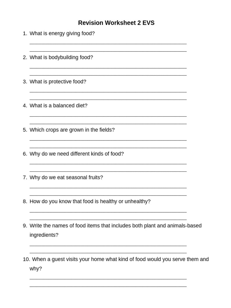 EVS Revision Worksheet 2and 3 PDF Foods Healthy Diet