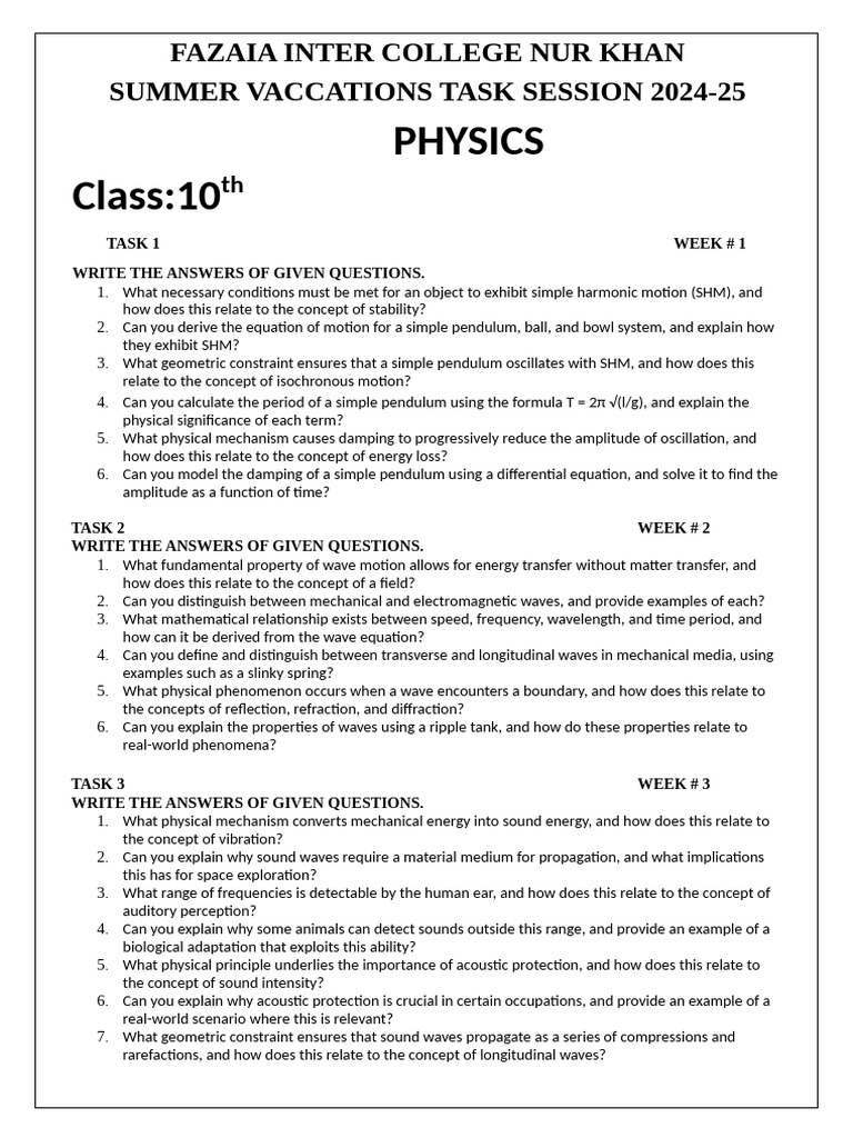 10th Grade Summer Tasks 2024-25 | PDF | Sound | Waves
