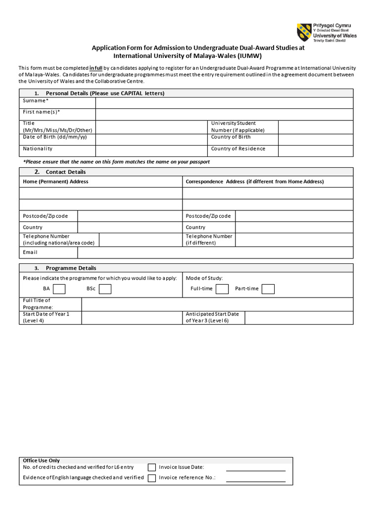 IUMW Undergraduate Admission Form | PDF | Qualifications