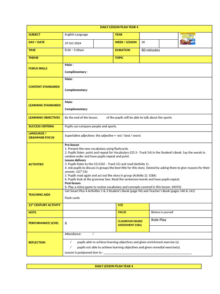 DAILY LESSON PLAN YEAR 4 Week 30 | PDF | Vocabulary | Lesson Plan