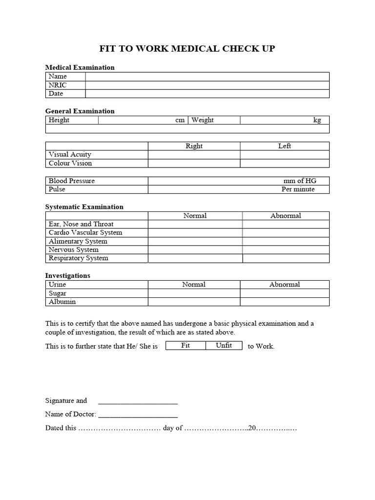 Fit To Work Medical Check Up | PDF