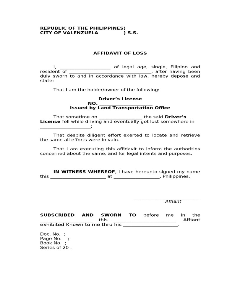 Affidavit of Loss for Driver’s License | PDF