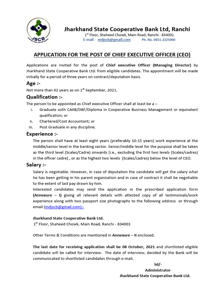 CEO Application Jharkhand Bank 2021 | PDF | Banks | Prosecutor