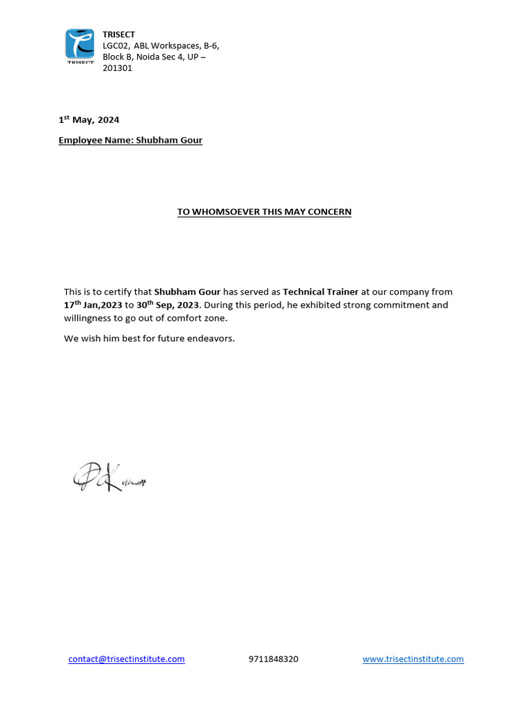 Shubham Experience Letter Trisect | PDF