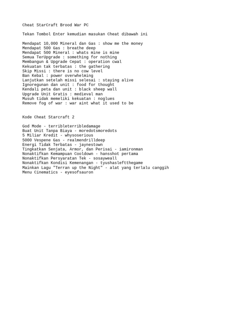 Cheat Kode StarCraft Brood War dan 2 | PDF