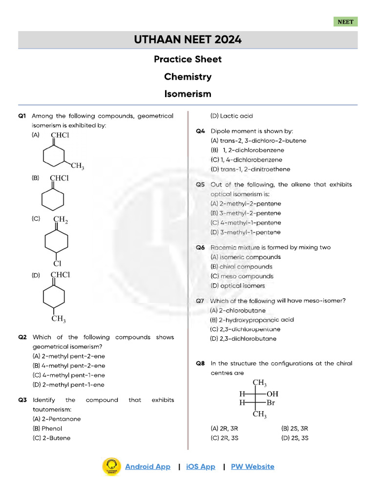 Isomerism - Practice Sheet - Uthaan NEET 2024 | PDF