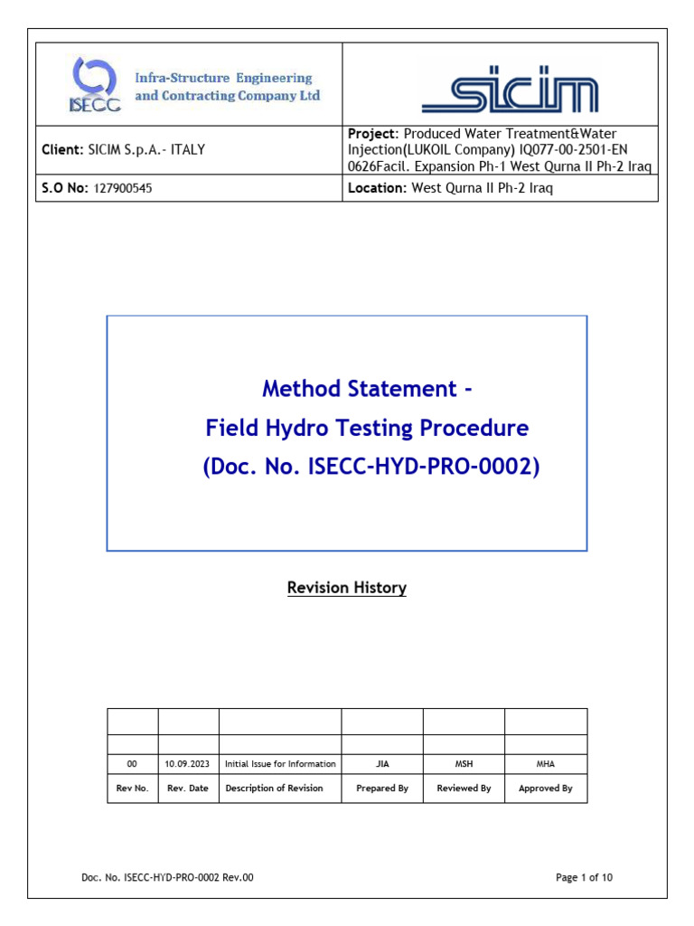 FIELD HYDROTESTING PROCEDURE - High Pressure Lines | PDF | Pipe (Fluid ...