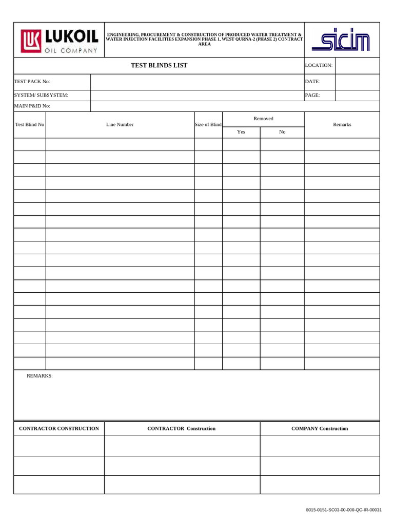 8015-0151-Sc03-00-000-Qc-Ir-00031 Test Blinds List | PDF