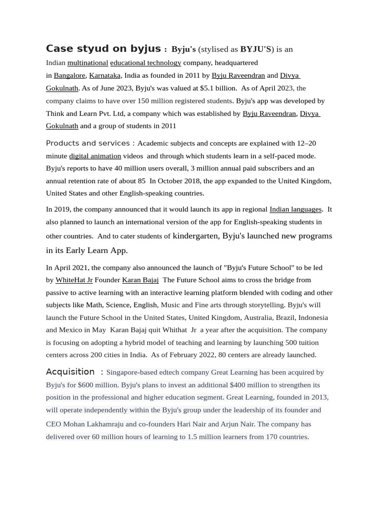 Byjus Case Study Pdf Private Sector Business