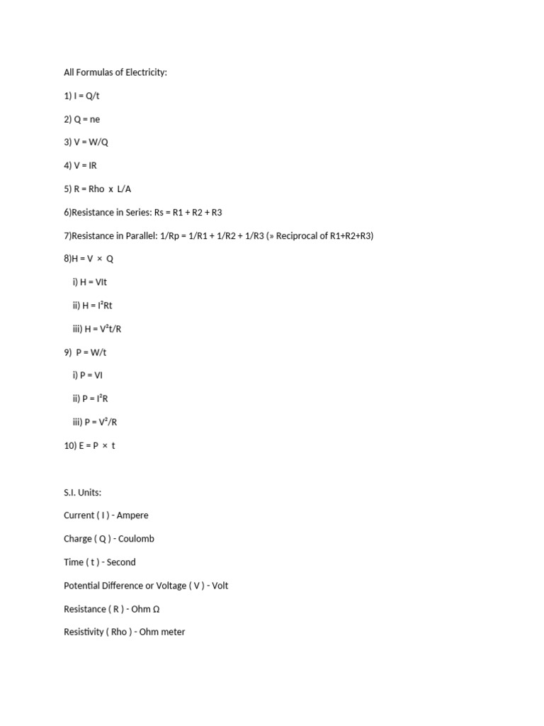Electricity Formulas for Class 10 | PDF