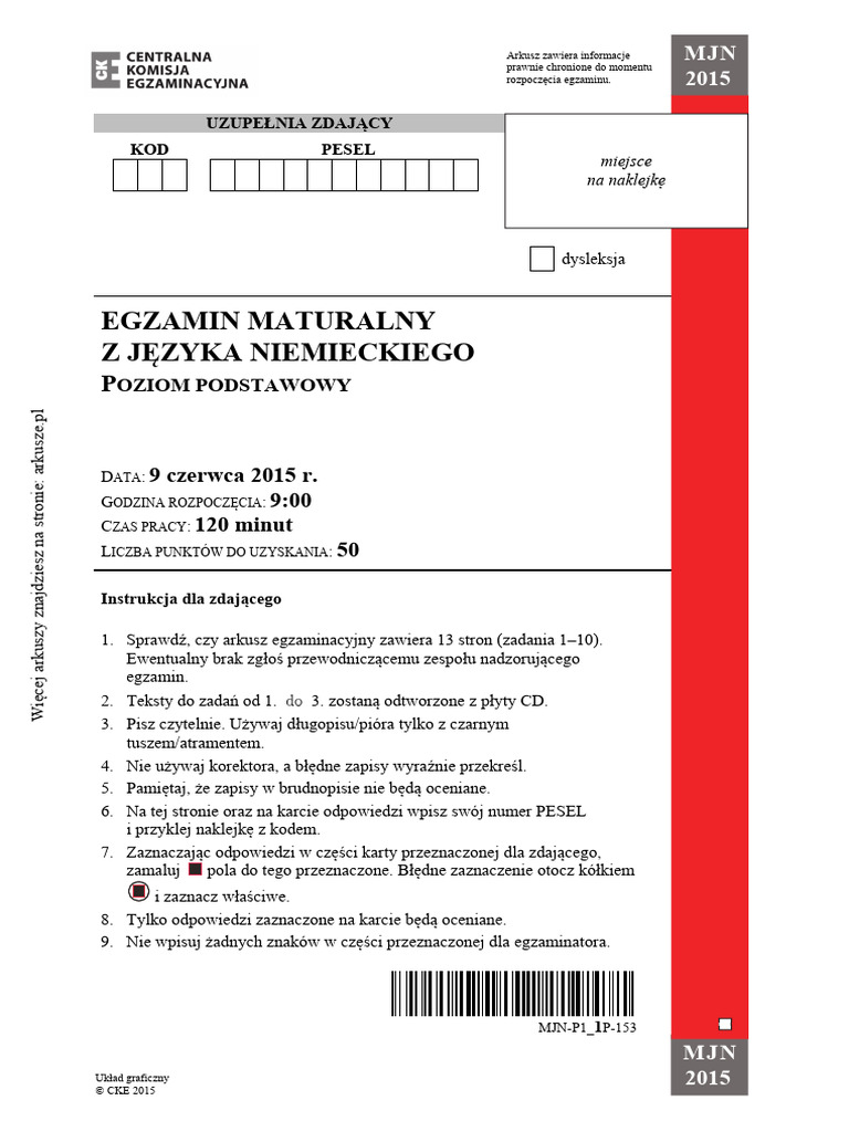Jezyk Niemiecki 2015 Czerwiec Matura Podstawowa | PDF