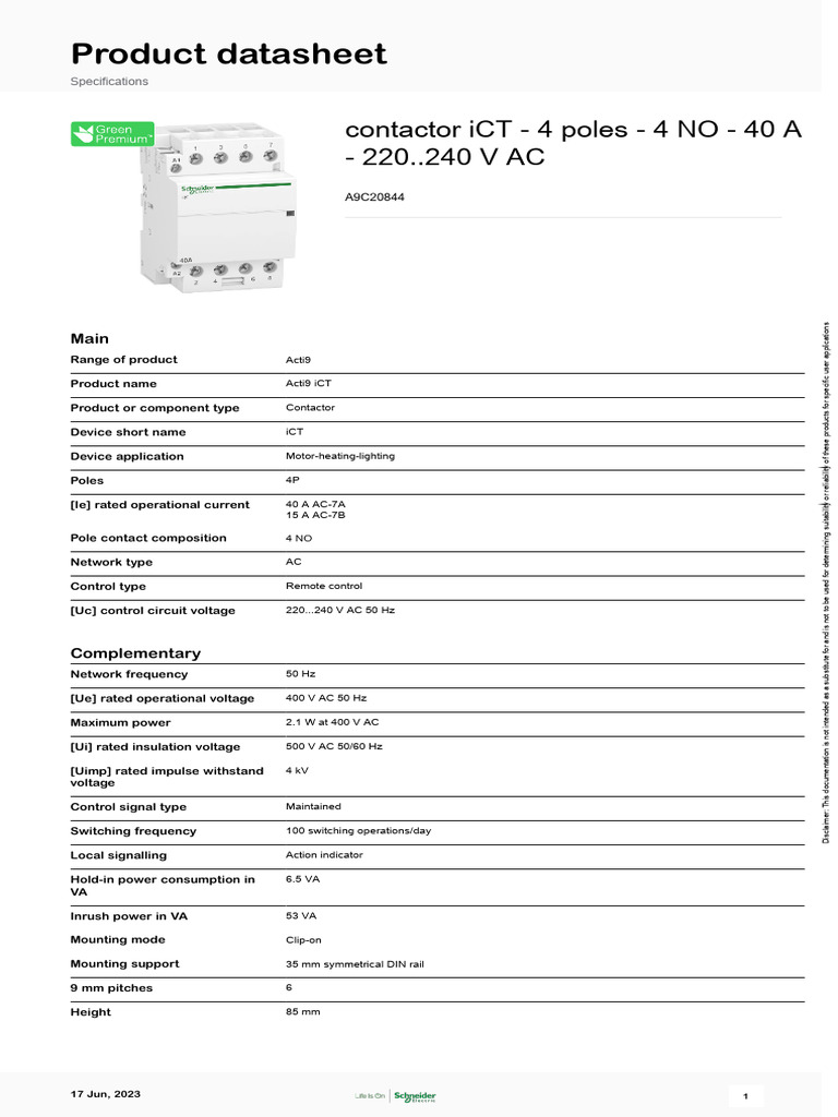 Acti9 iCT Contactor 4P 40A Datasheet | PDF | Alternating Current ...