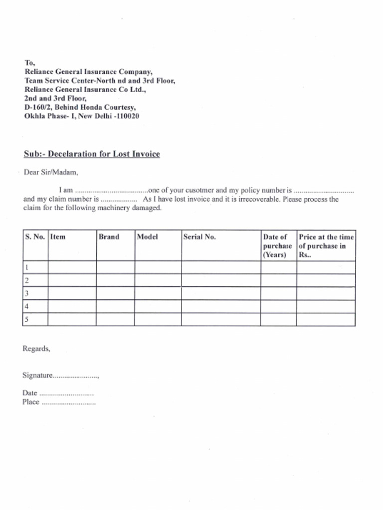 Declaration For Lost Invoice | PDF
